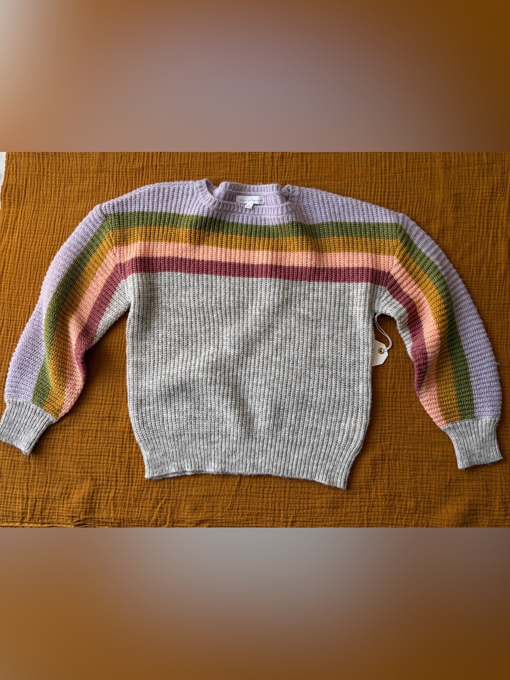 Coco + Jameson Rainbow Stripe Colorblock Knit Sweater Size Small Puff Sleeve